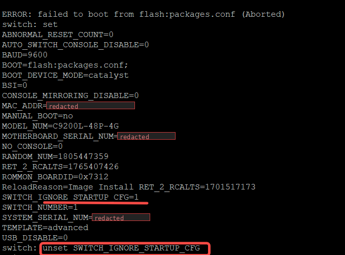Clearing SWITCH_IGNORE_STARTUP_CFG with the unset command in ROMMON