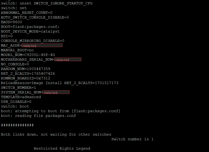 ROMMON set output after the ignore variable has been cleared, followed by boot